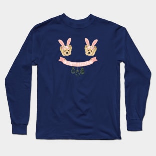 Pomeranian Dog Head with Bunny Ears, Happy Easter Sign and Hanging Eggs Long Sleeve T-Shirt